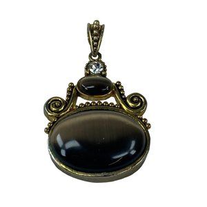 Large Brownish Color Cats Eye Pendant Rhinestone Accent Antique Gold Color Metal